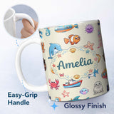 Personalized Custom Name Cartoon Sea Animals Diver Dolphin Shark Crab Boat Lighthouse Cream 11oz Ceramic Coffee Tea Mug White Large Handle