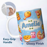 Personalized Custom Name Cute Kawaii Fast Food Pizza Chicken Soda Blue Background Seamless 11oz Ceramic Coffee Tea Mug White Large Handle