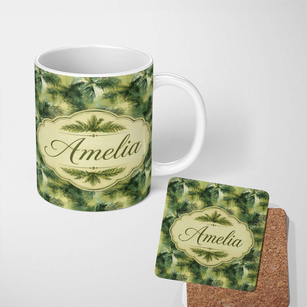 Personalized Custom Name Abstract Green Tropical Palm Leaf Brushstroke Pattern Lovely 11oz Ceramic Coffee Tea Mug White Large Handle