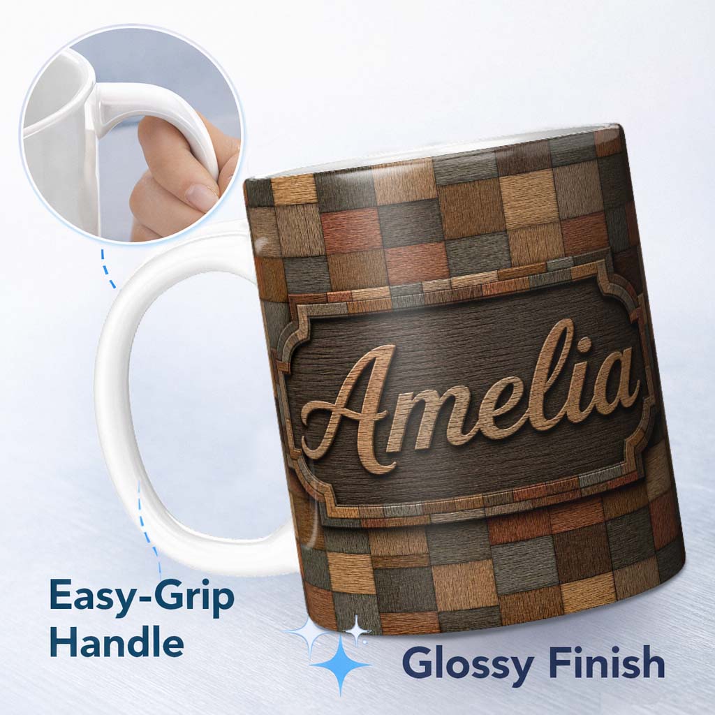 Personalized Custom Name Natural Wooden Square Parquet Texture Seamless Pattern Lovely 11oz Ceramic Coffee Tea Mug White Large Handle