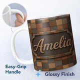 Personalized Custom Name Natural Wooden Square Parquet Texture Seamless Pattern Lovely 11oz Ceramic Coffee Tea Mug White Large Handle