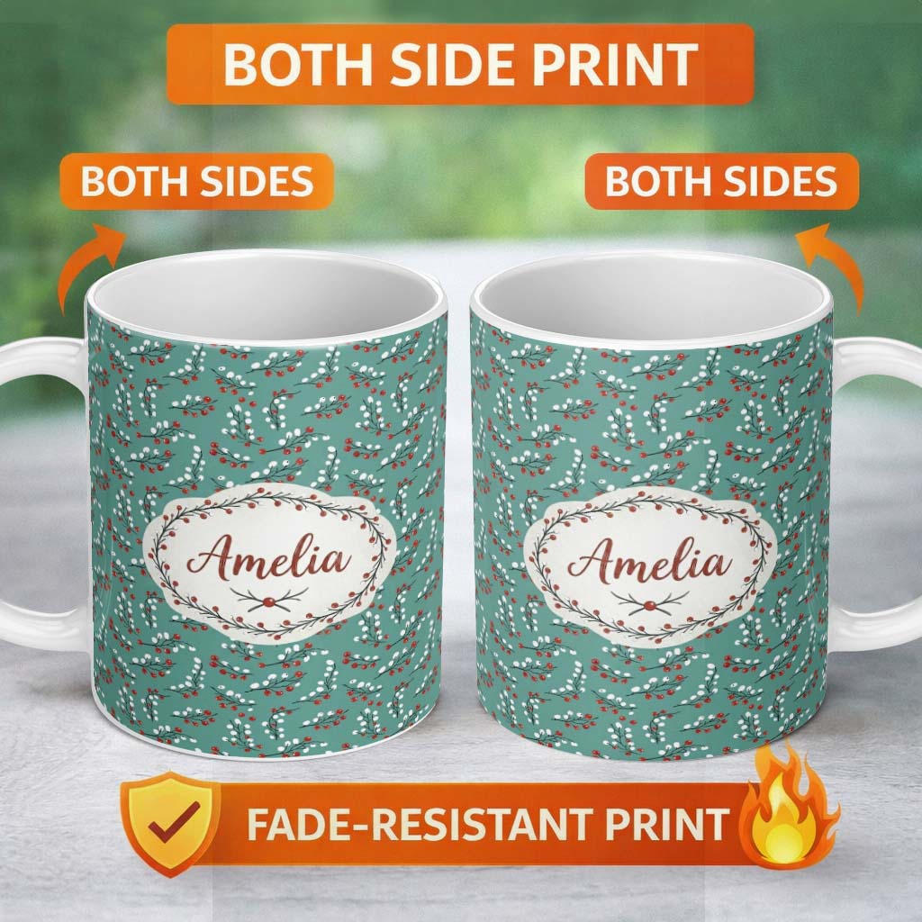 Personalized Custom Name Soft Blue Green Foliage with Red Berries Watercolor Seamless Pattern 11oz Ceramic Coffee Tea Mug White Large Handle