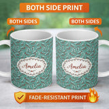 Personalized Custom Name Soft Blue Green Foliage with Red Berries Watercolor Seamless Pattern 11oz Ceramic Coffee Tea Mug White Large Handle