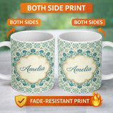 Personalized Custom Name Elegant Teal Floral Tile Medallion Seamless Pattern Cute Unique Gift 11oz Ceramic Coffee Tea Mug White Large Handle