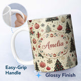 Personalized Custom Name Modern Christmas Tree Ornament Snowflake Festive Seamless Pattern 11oz Ceramic Coffee Tea Mug White Large Handle