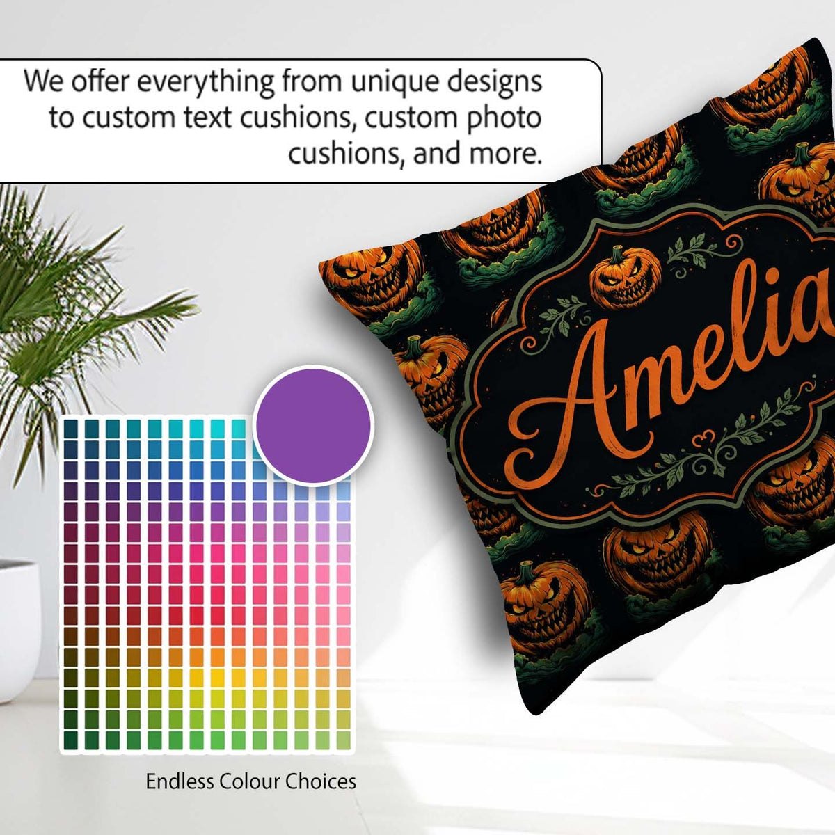 Custom Name Creepy Pumpkin Ocean Dark Halloween Seamless Pattern Square Filled Cushion Throw Pillow Sofa Bed Home Decor Zip Washable UK Made