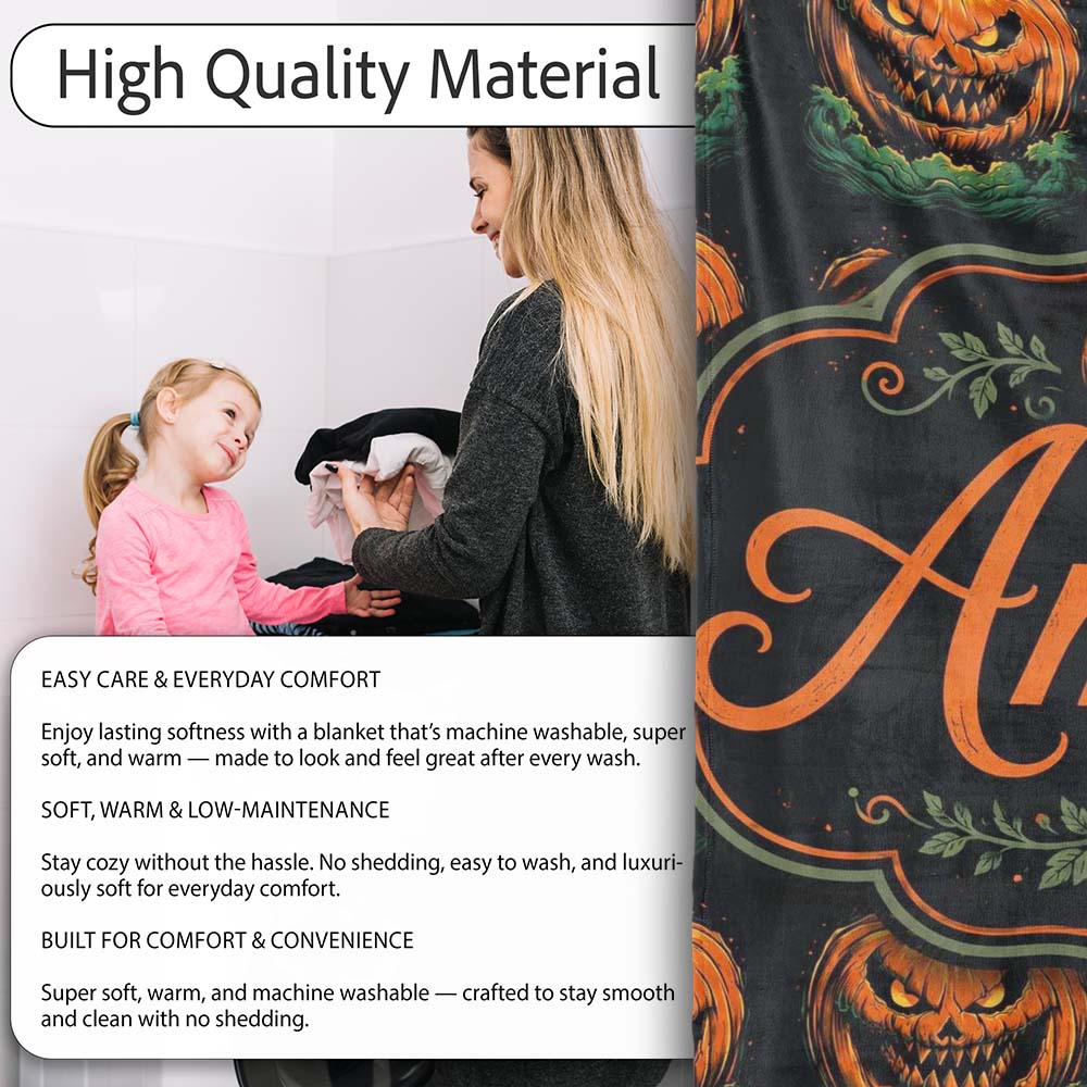 Creepy Pumpkin Ocean Waves Dark Halloween Seamless Pattern Lovely  Personalised Custom Name Super Soft Fleece Blanket Bed Sofa Throw