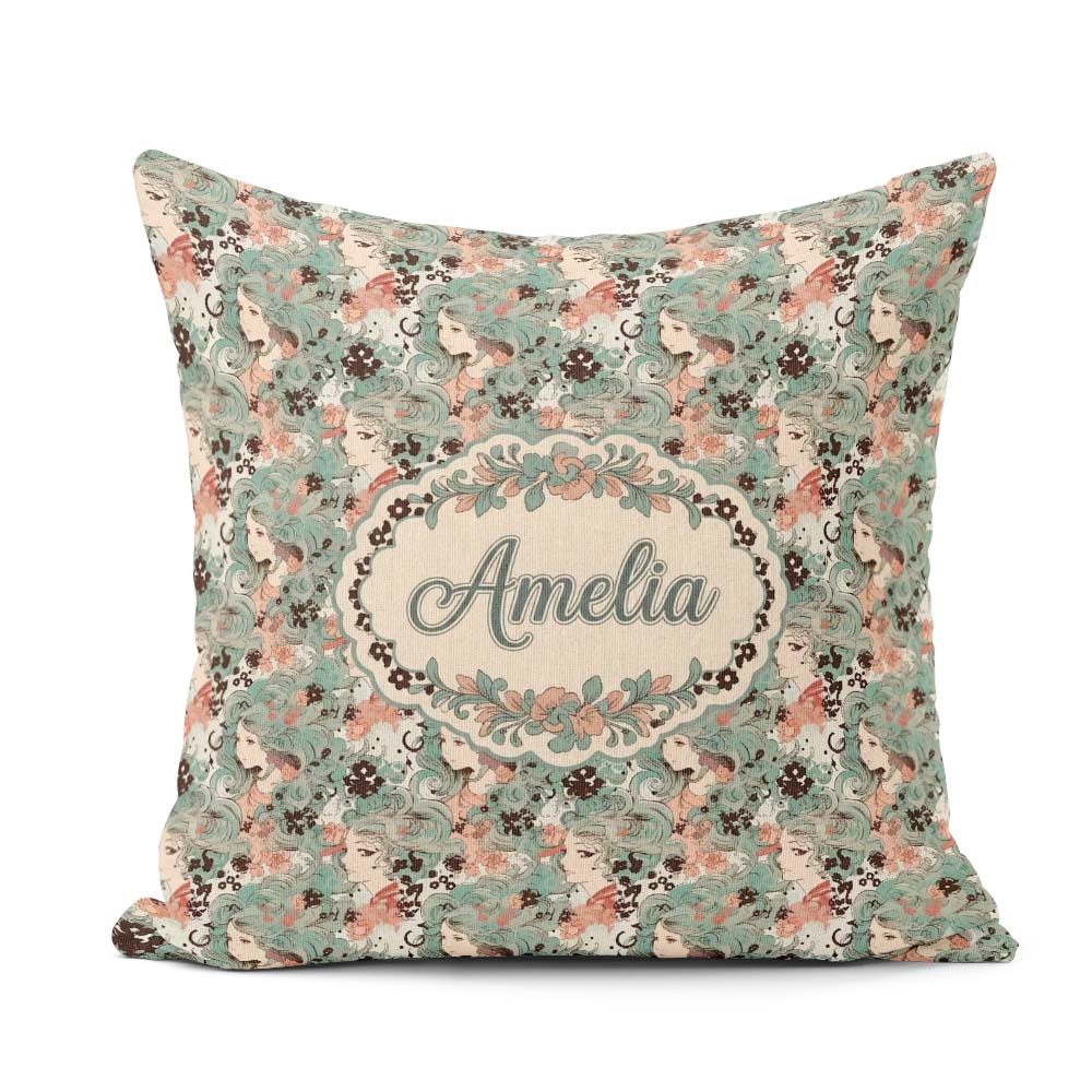 Custom Name Elegant Woman Teal Hair Floral Artistic Pattern Square Filled Cushion Throw Pillow Sofa Bed Home Decor Zip Washable UK Made