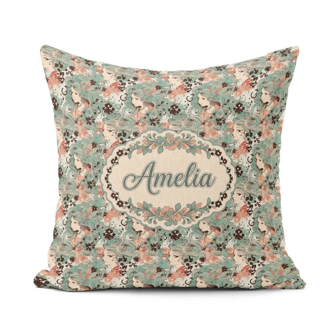Custom Name Elegant Woman Teal Hair Floral Artistic Pattern Square Filled Cushion Throw Pillow Sofa Bed Home Decor Zip Washable UK Made