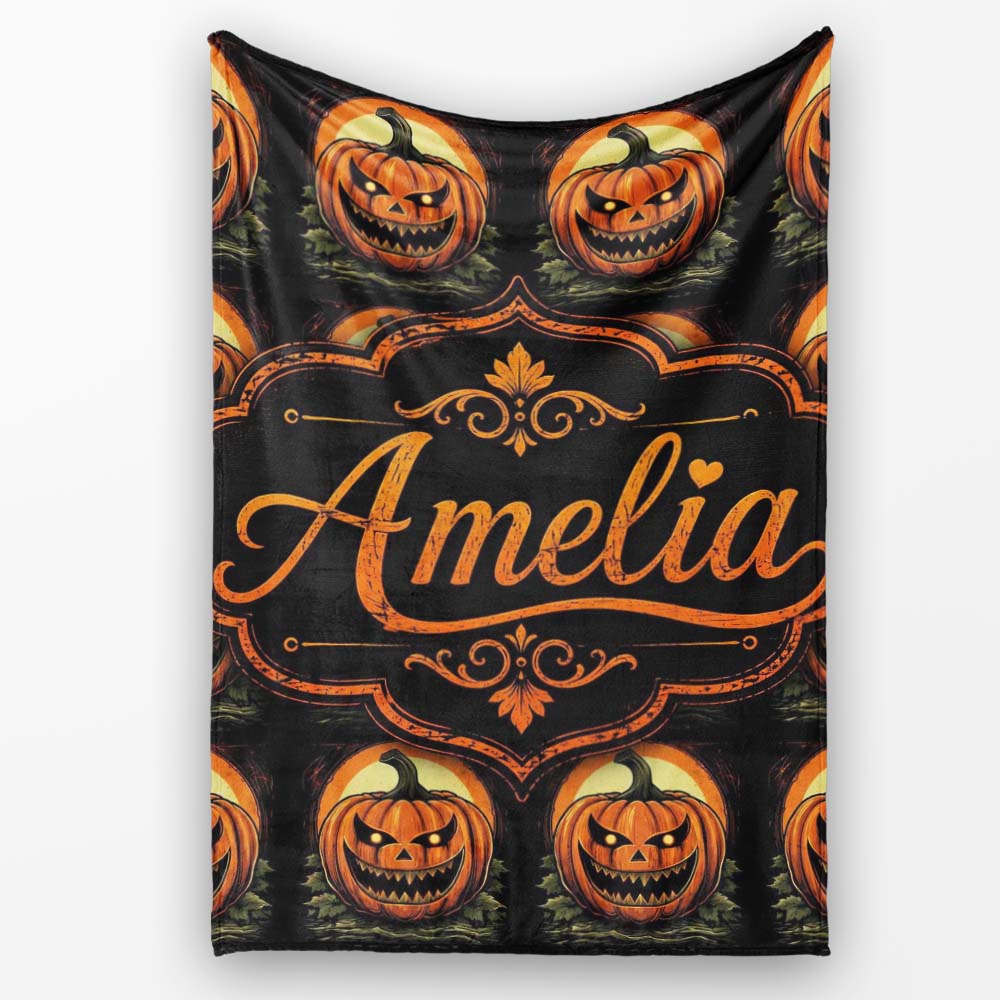 Classic Jack O Lantern Moonlit Leaves Halloween Seamless Pattern  Personalised Custom Name Super Soft Fleece Blanket Bed Sofa Throw