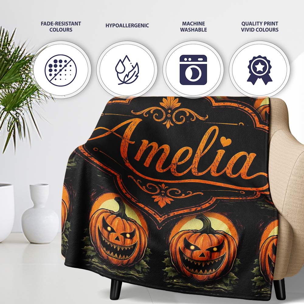 Classic Jack O Lantern Moonlit Leaves Halloween Seamless Pattern  Personalised Custom Name Super Soft Fleece Blanket Bed Sofa Throw