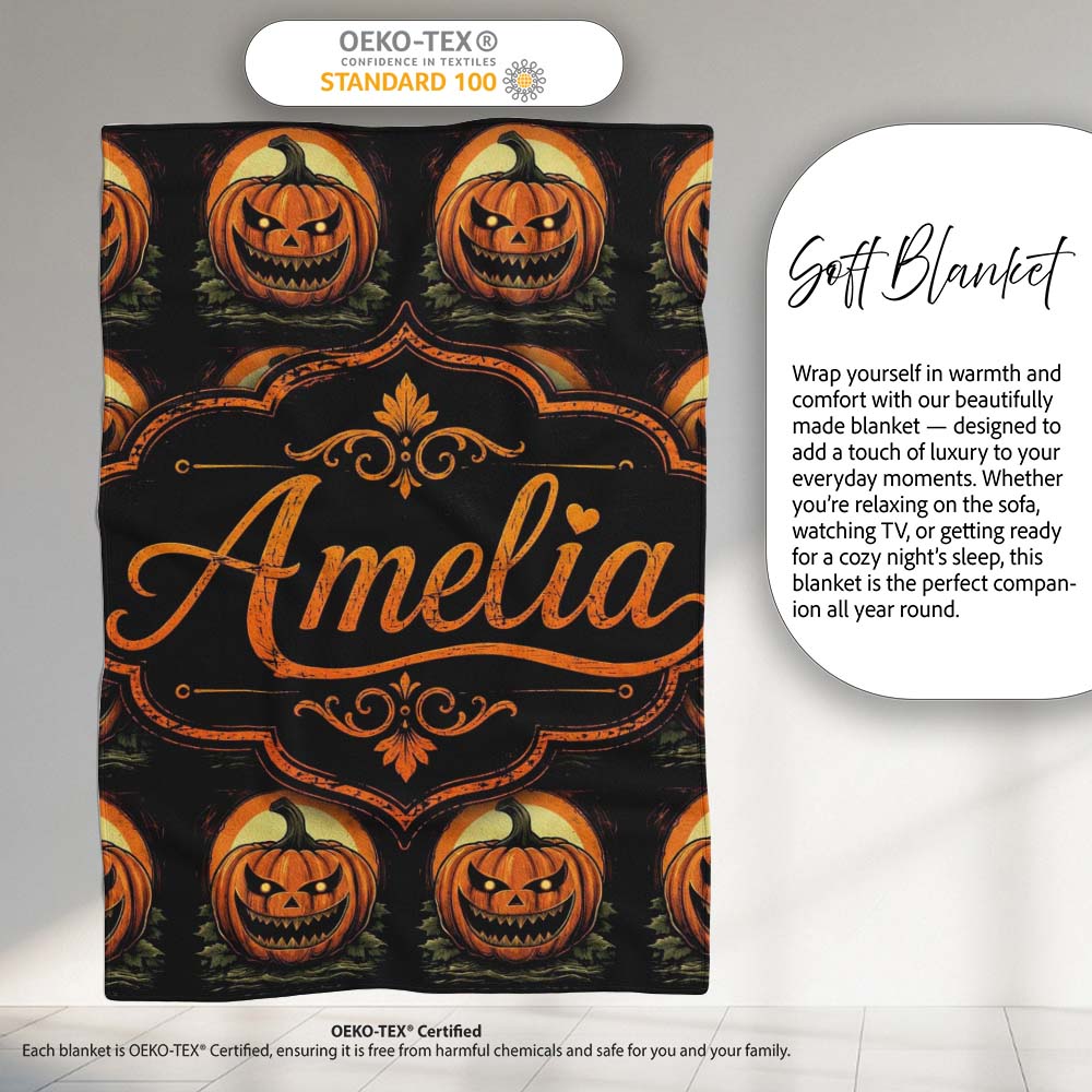 Classic Jack O Lantern Moonlit Leaves Halloween Seamless Pattern  Personalised Custom Name Super Soft Fleece Blanket Bed Sofa Throw