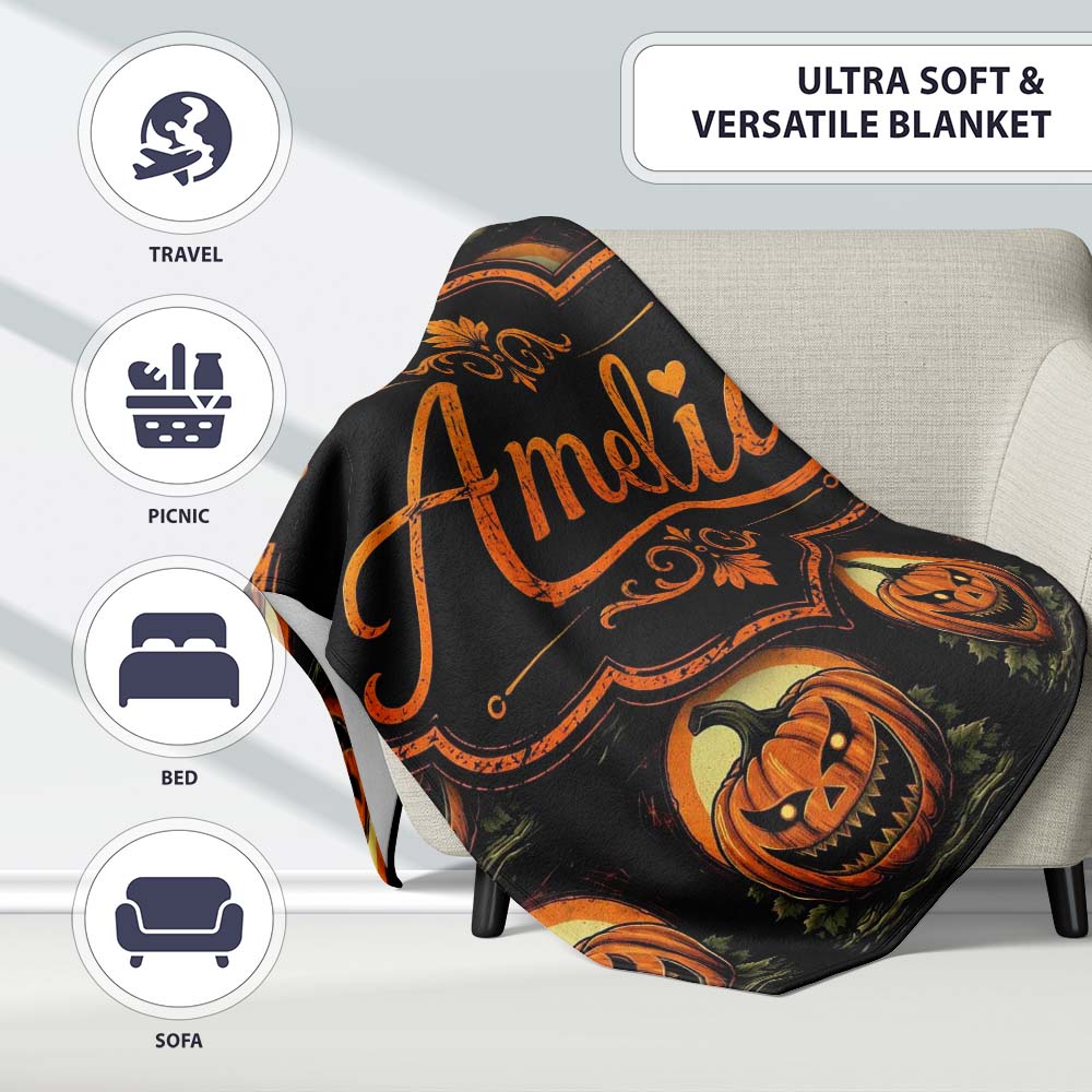 Classic Jack O Lantern Moonlit Leaves Halloween Seamless Pattern  Personalised Custom Name Super Soft Fleece Blanket Bed Sofa Throw