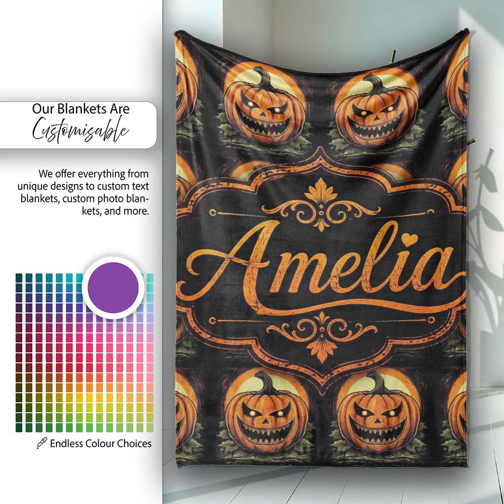 Classic Jack O Lantern Moonlit Leaves Halloween Seamless Pattern  Personalised Custom Name Super Soft Fleece Blanket Bed Sofa Throw