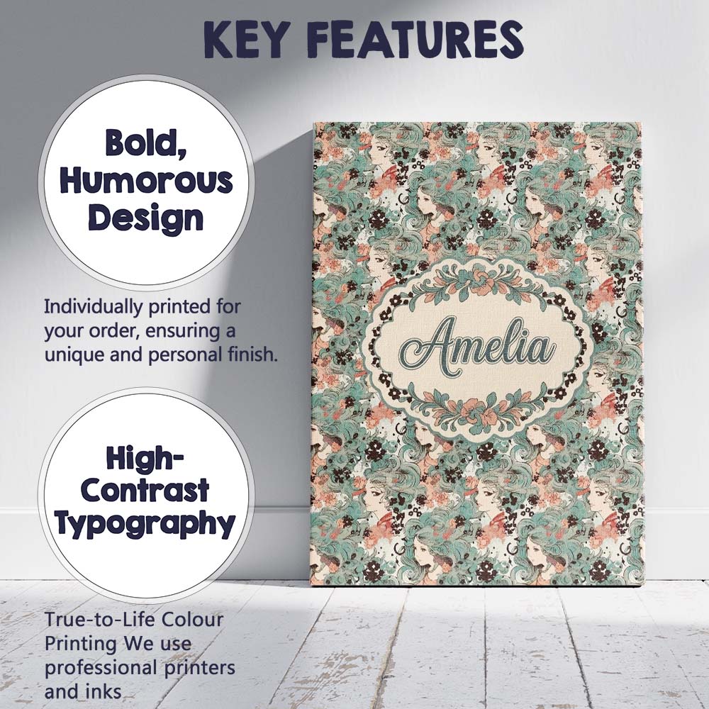 Personalised Name Elegant Woman Teal Hair Floral Artistic Pattern Custom  Bespoke Canvas Wall Art Print Decor Picture Ready to Hang