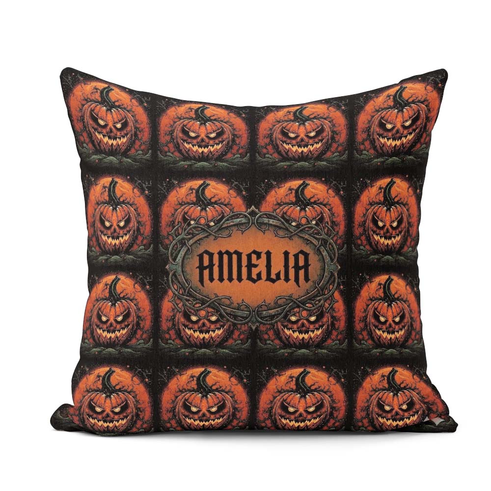 Custom Name Spooky Pumpkin Moon Branches Dark Halloween Seamless Square Filled Cushion Throw Pillow Sofa Bed Home Decor Zip Washable UK Made