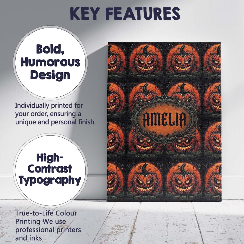 Personalised Name Spooky Pumpkin Moon Custom Modern Room Accent Creative Decorator Style Canvas Wall Art Print Decor Picture Ready to Hang