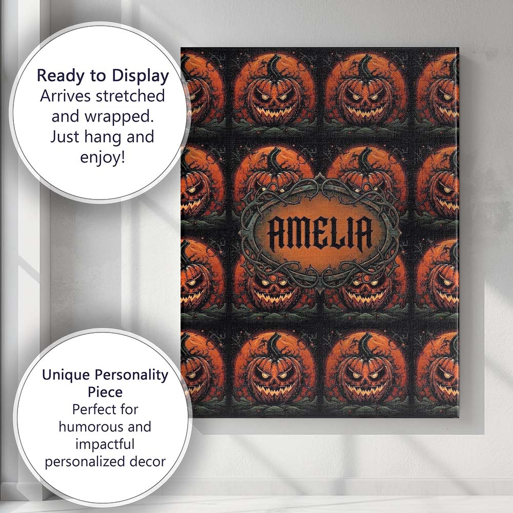 Personalised Name Spooky Pumpkin Moon Custom Modern Room Accent Creative Decorator Style Canvas Wall Art Print Decor Picture Ready to Hang