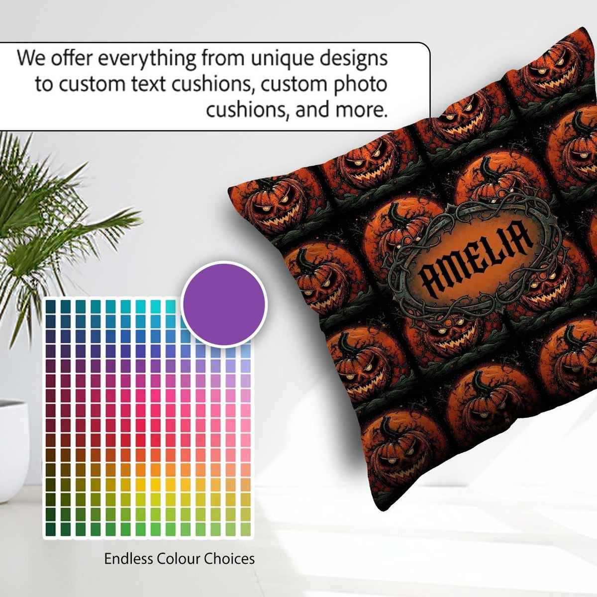Custom Name Spooky Pumpkin Moon Branches Dark Halloween Seamless Square Filled Cushion Throw Pillow Sofa Bed Home Decor Zip Washable UK Made