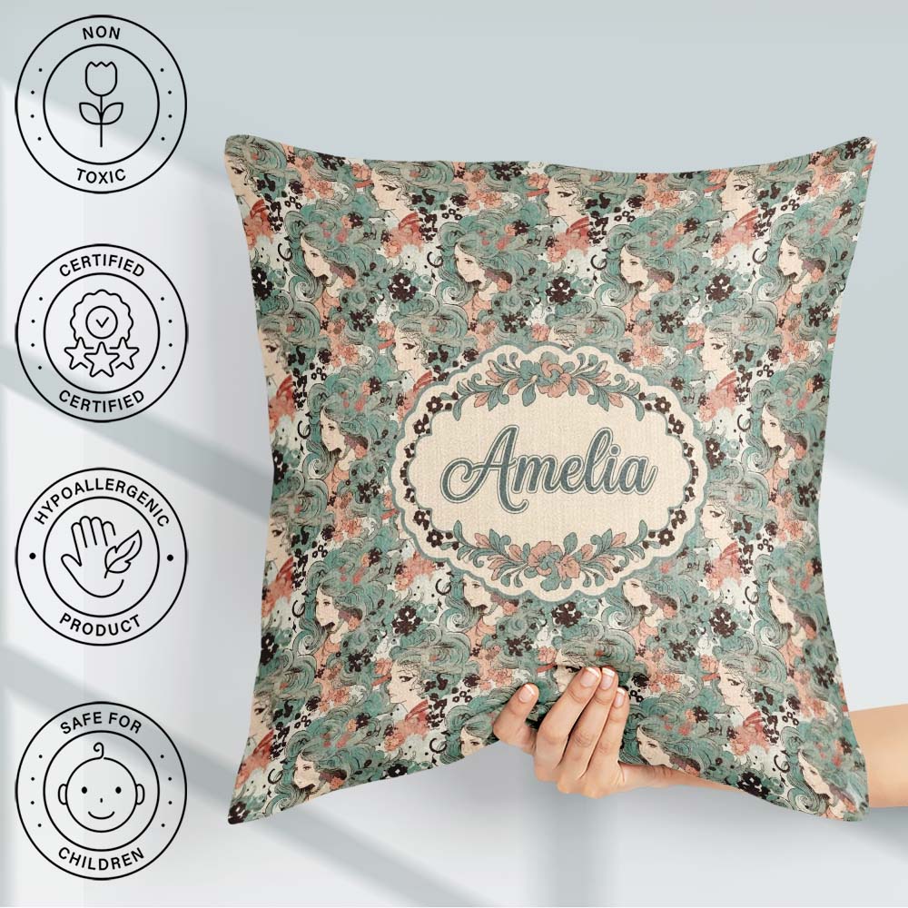 Custom Name Elegant Woman Teal Hair Floral Artistic Pattern Square Filled Cushion Throw Pillow Sofa Bed Home Decor Zip Washable UK Made