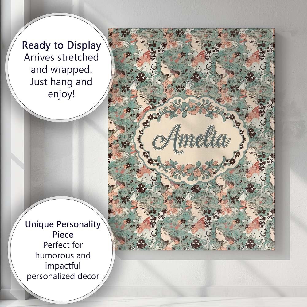 Personalised Name Elegant Woman Teal Hair Floral Artistic Pattern Custom  Bespoke Canvas Wall Art Print Decor Picture Ready to Hang