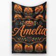 Cute Carved Pumpkin Leaves Black Background Halloween Seamless  Personalised Custom Name Super Soft Fleece Blanket Bed Sofa Throw