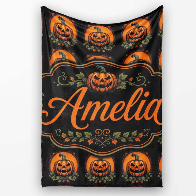 Cute Carved Pumpkin Leaves Black Background Halloween Seamless  Personalised Custom Name Super Soft Fleece Blanket Bed Sofa Throw
