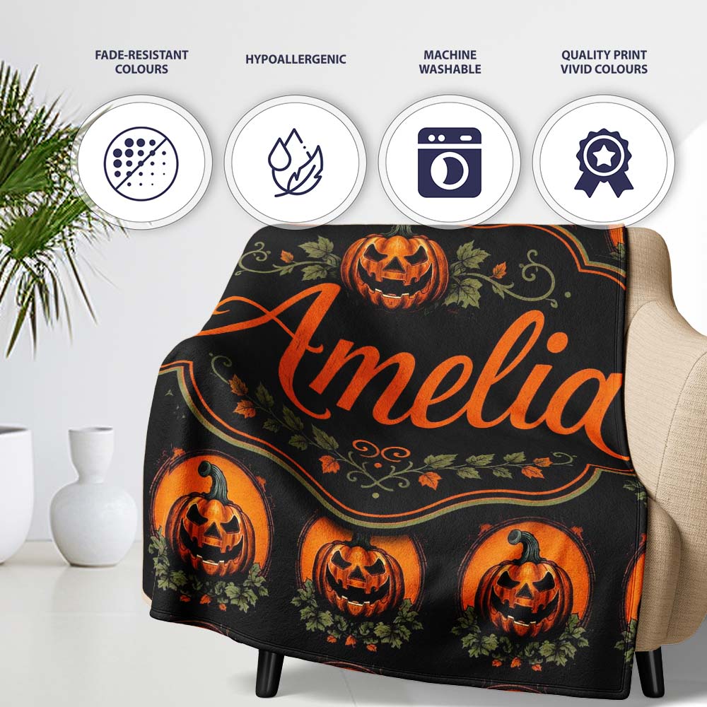 Cute Carved Pumpkin Leaves Black Background Halloween Seamless  Personalised Custom Name Super Soft Fleece Blanket Bed Sofa Throw