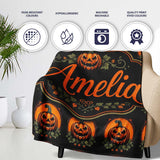 Cute Carved Pumpkin Leaves Black Background Halloween Seamless  Personalised Custom Name Super Soft Fleece Blanket Bed Sofa Throw