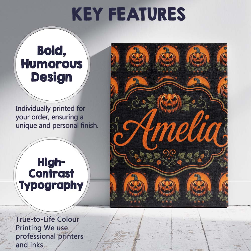 Personalised Name Cute Carved Pumpkin Custom Modern Room Accent Creative Decorator Style Canvas Wall Art Print Decor Picture Ready to Hang