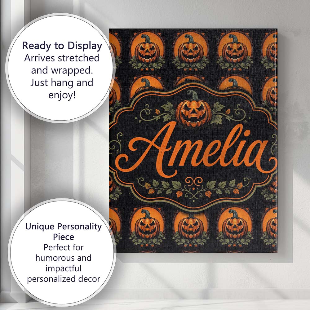 Personalised Name Cute Carved Pumpkin Custom Modern Room Accent Creative Decorator Style Canvas Wall Art Print Decor Picture Ready to Hang