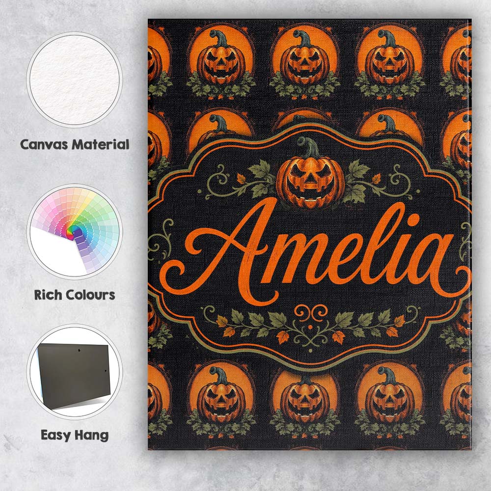 Personalised Name Cute Carved Pumpkin Custom Modern Room Accent Creative Decorator Style Canvas Wall Art Print Decor Picture Ready to Hang