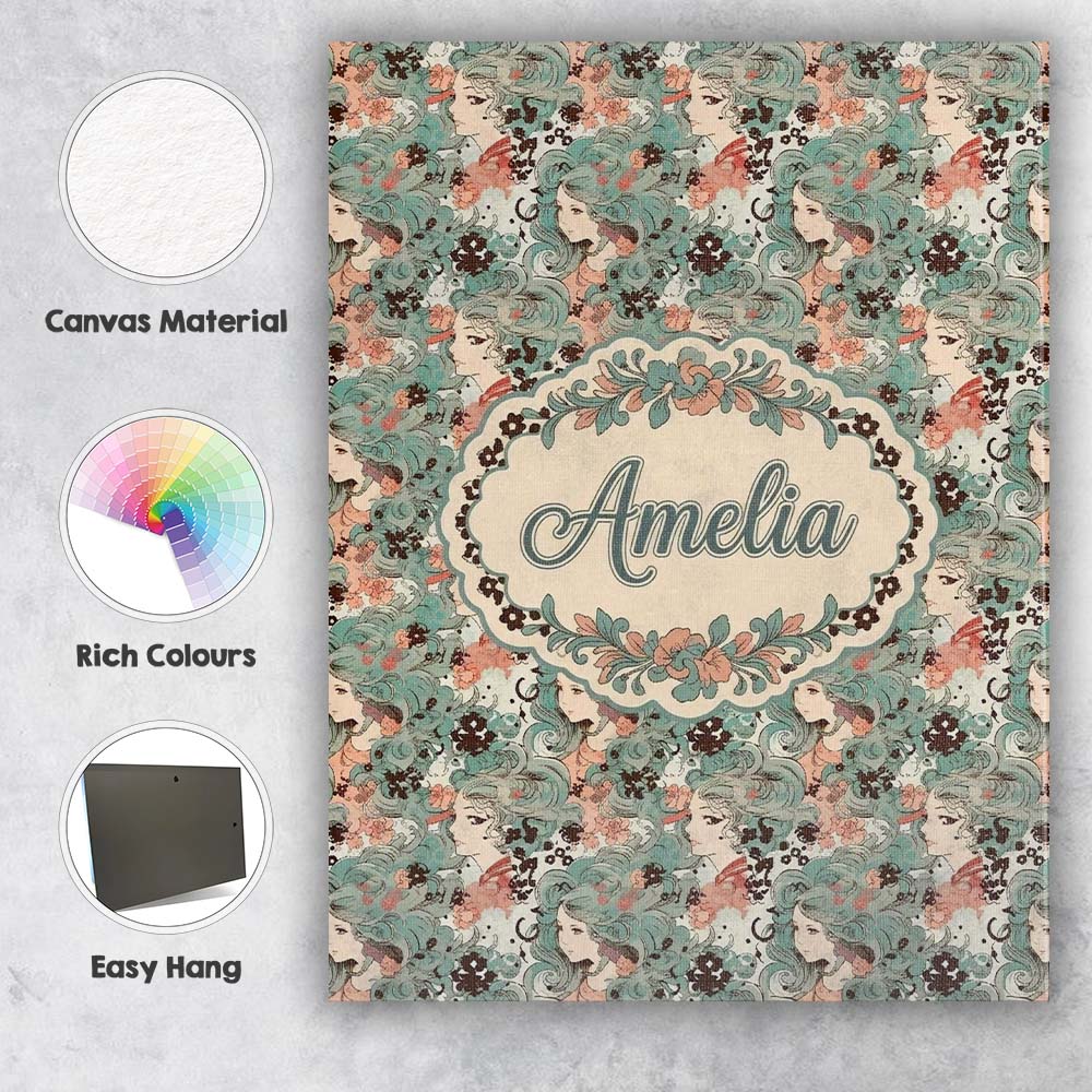 Personalised Name Elegant Woman Teal Hair Floral Artistic Pattern Custom  Bespoke Canvas Wall Art Print Decor Picture Ready to Hang