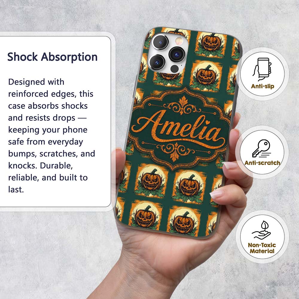Vintage Halloween Pumpkin Leaves Frame Dark Green Custom Name Protective Phone Case Mobile Cover Durable Everyday Smartphone Shock Resistant