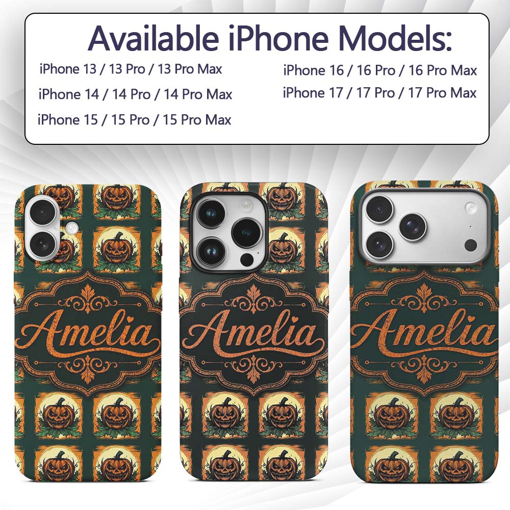 Vintage Halloween Pumpkin Leaves Frame Dark Green Custom Name Protective Phone Case Mobile Cover Durable Everyday Smartphone Shock Resistant