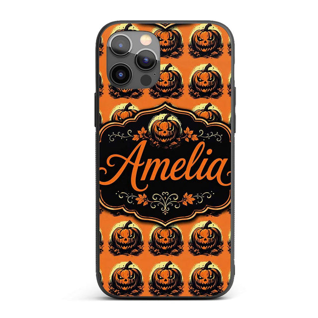 Spooky Jack O Lantern Orange Background Classic Custom Name Protective Phone Case Mobile Cover Durable Everyday Smartphone Shock Resistant