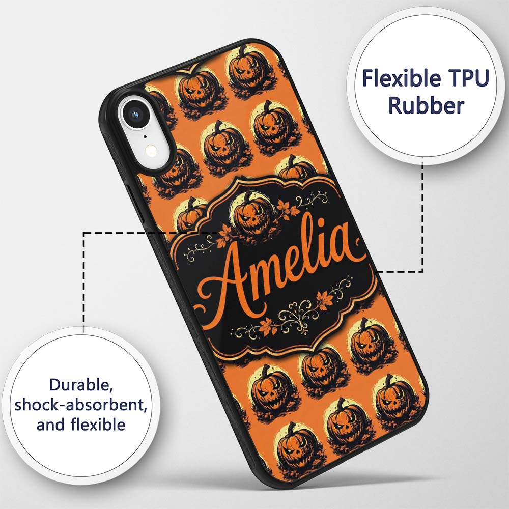 Spooky Jack O Lantern Orange Background Classic Custom Name Protective Phone Case Mobile Cover Durable Everyday Smartphone Shock Resistant