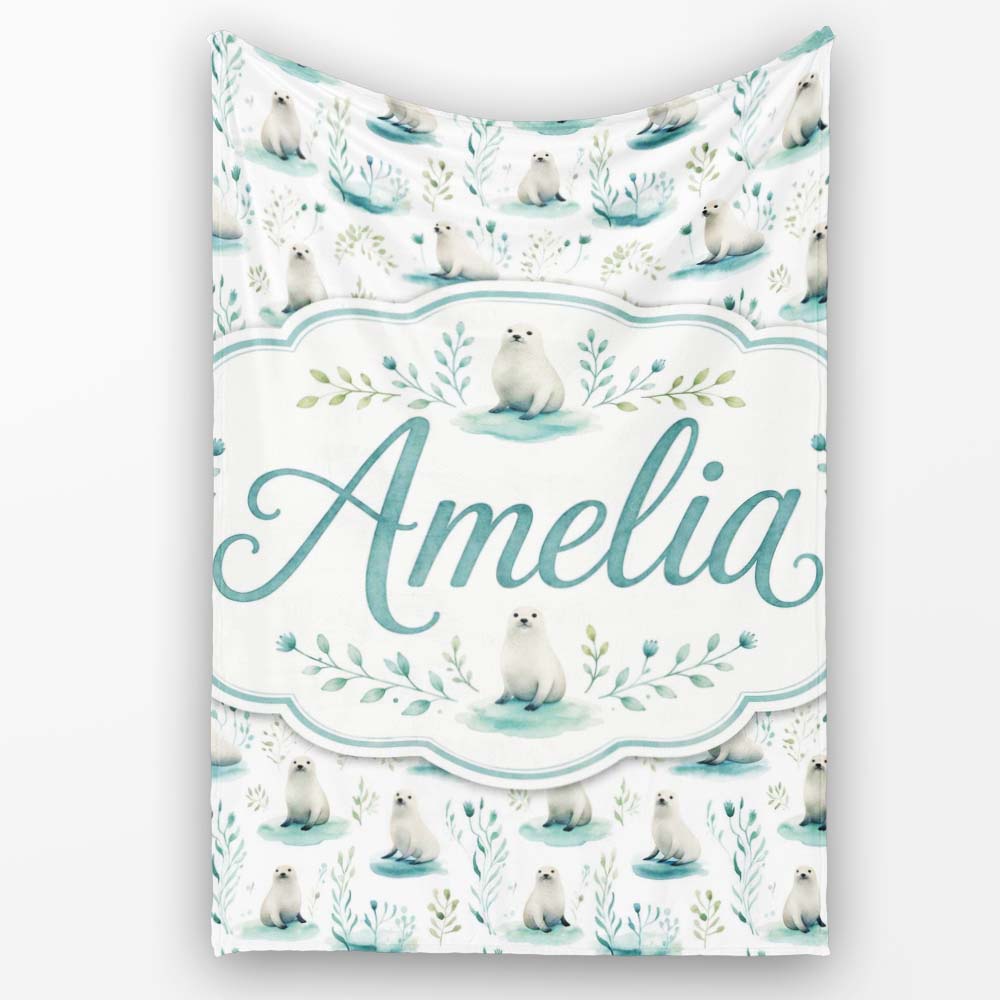 Cute Baby Seal Pups with Seaweed Soft Pastel Background Seamless  Personalised Custom Name Super Soft Fleece Blanket Bed Sofa Throw