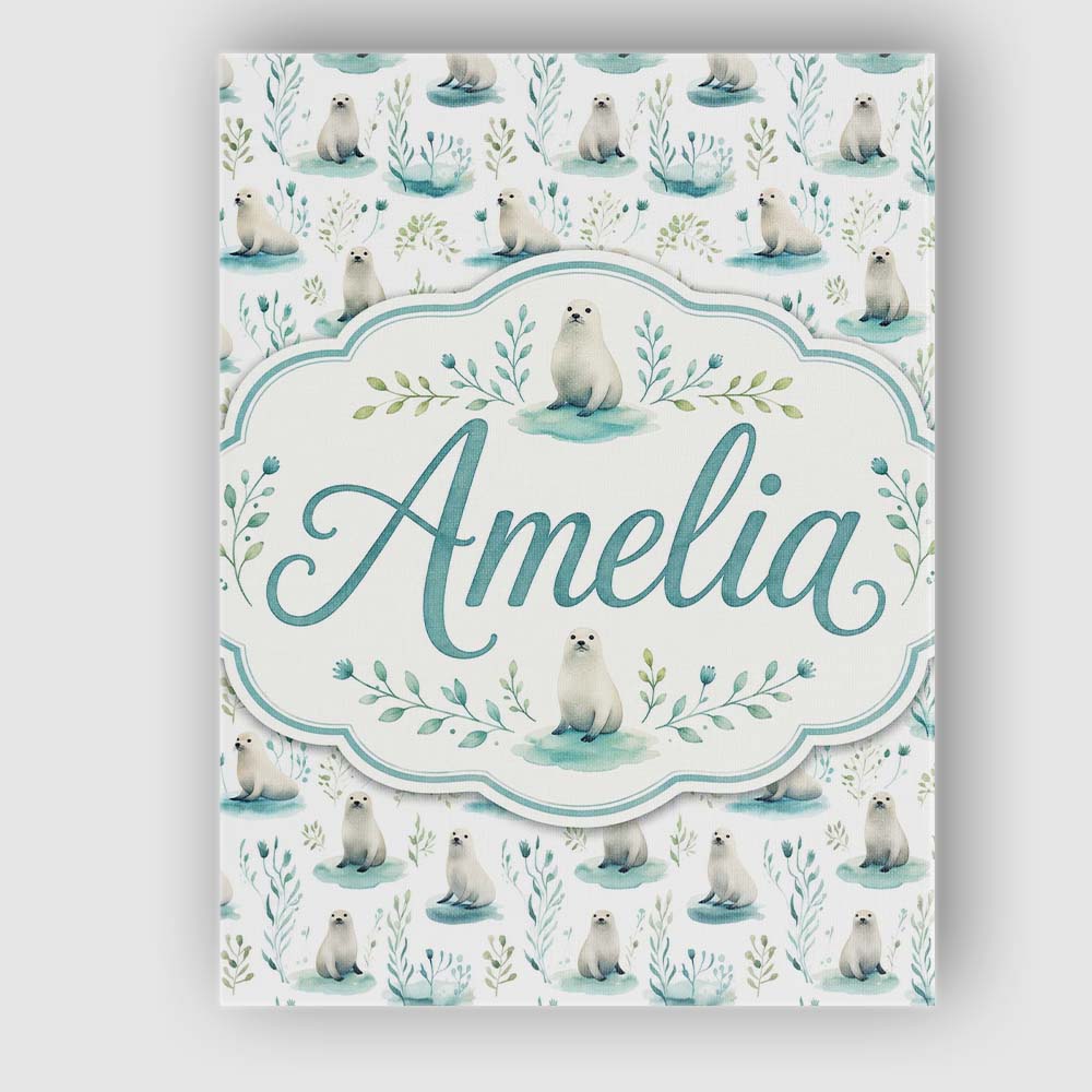 Personalised Name Cute Baby Seal Pups with Custom  Unique Gift Idea Elegant Feature Canvas Wall Art Print Decor Picture Ready to Hang