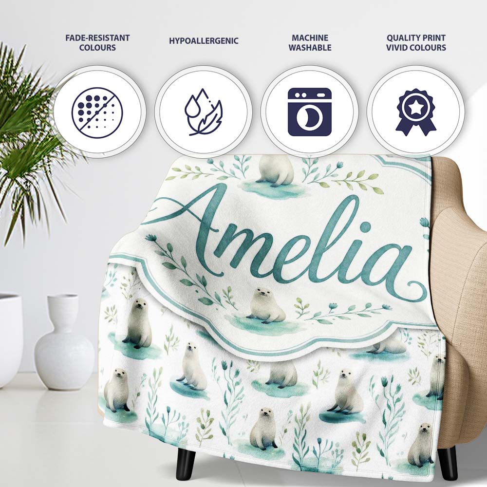 Cute Baby Seal Pups with Seaweed Soft Pastel Background Seamless  Personalised Custom Name Super Soft Fleece Blanket Bed Sofa Throw