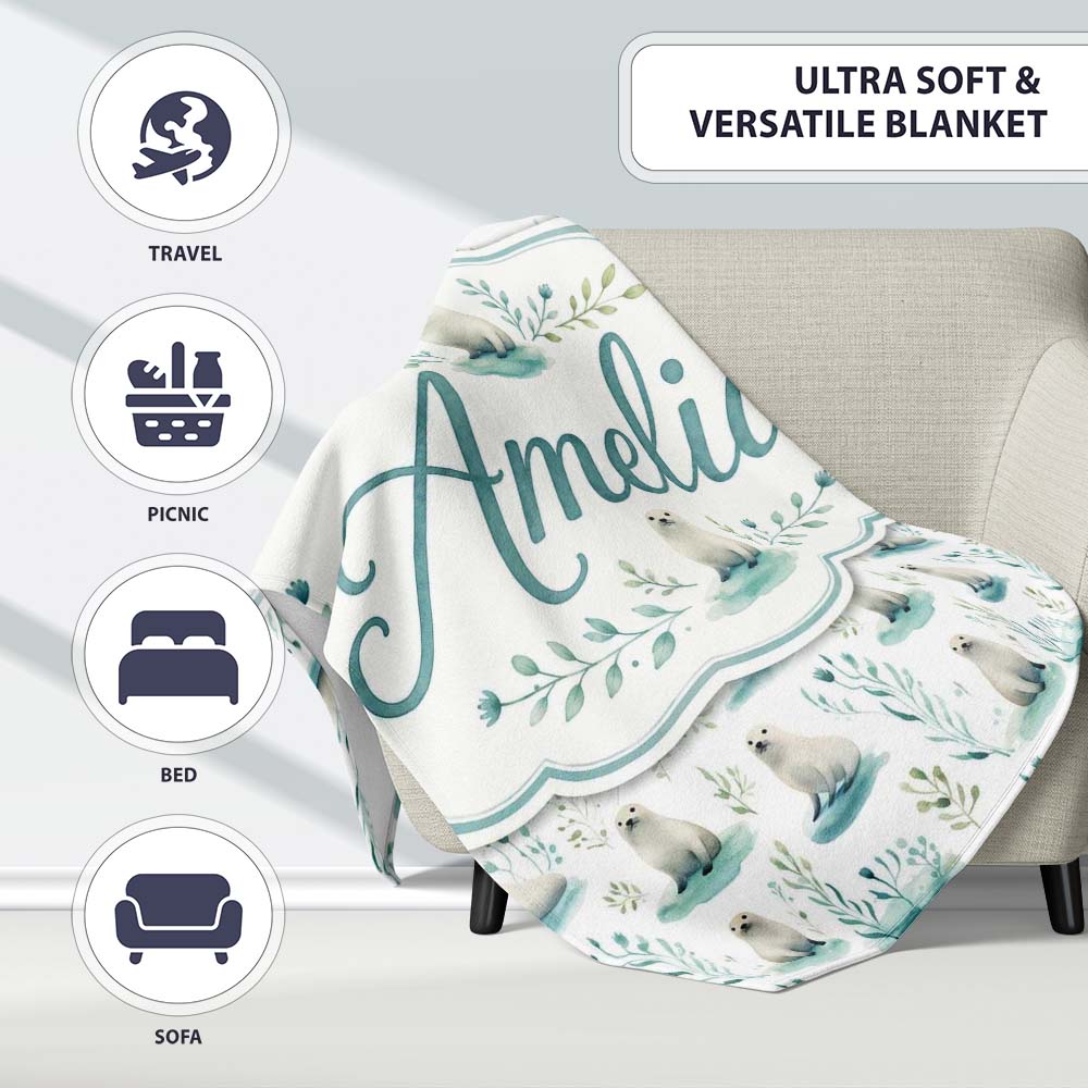 Cute Baby Seal Pups with Seaweed Soft Pastel Background Seamless  Personalised Custom Name Super Soft Fleece Blanket Bed Sofa Throw