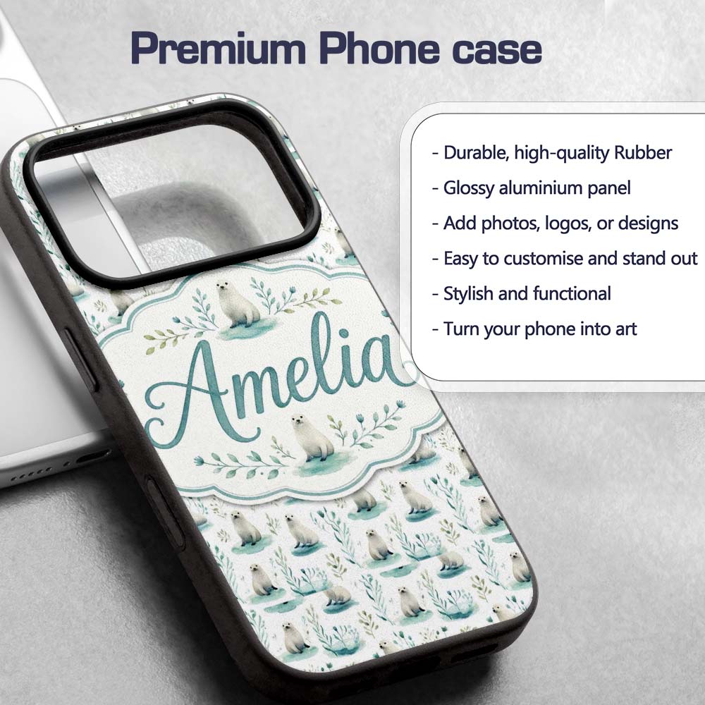 Cute Baby Seal Pups with Seaweed Soft Pastel Custom Name Protective Phone Case Mobile Cover Durable Everyday Smartphone Shock Resistant