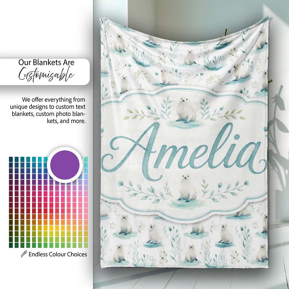 Cute Baby Seal Pups with Seaweed Soft Pastel Background Seamless  Personalised Custom Name Super Soft Fleece Blanket Bed Sofa Throw