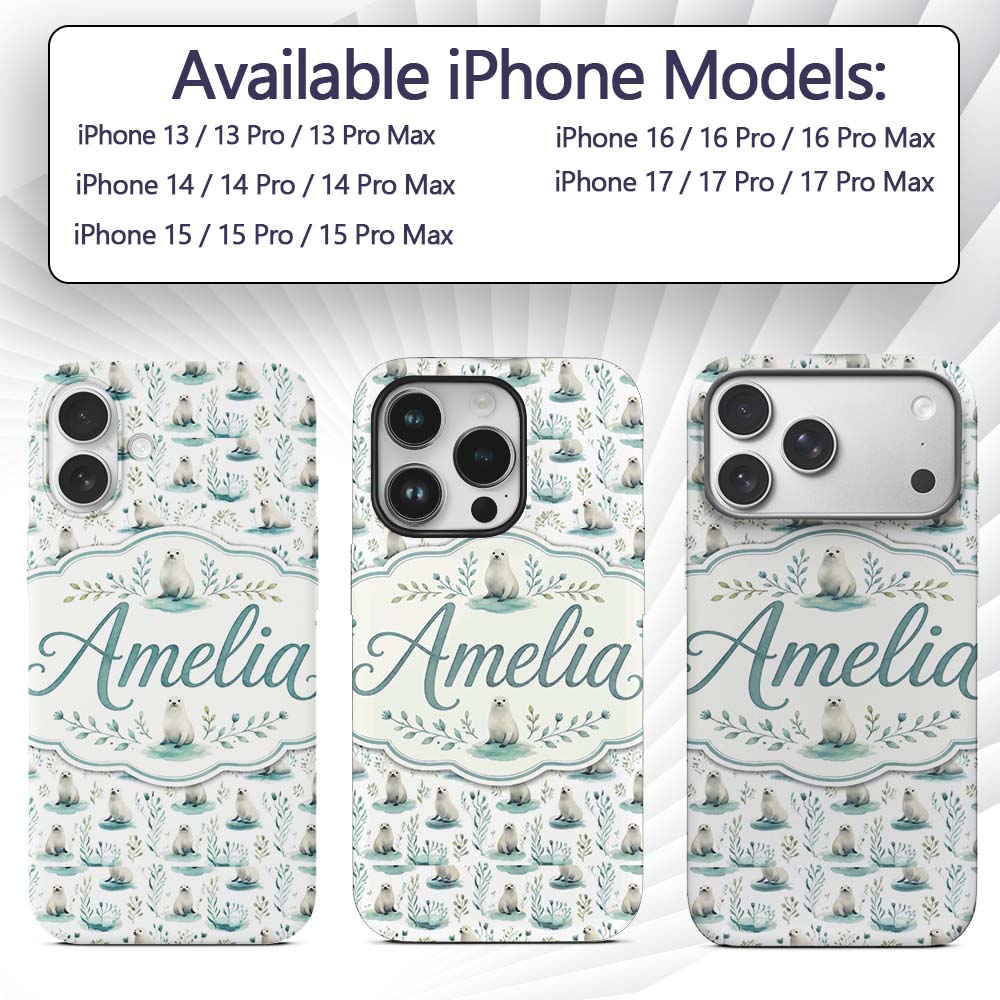 Cute Baby Seal Pups with Seaweed Soft Pastel Custom Name Protective Phone Case Mobile Cover Durable Everyday Smartphone Shock Resistant