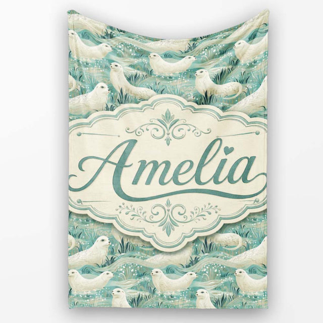 Elegant Swimming Seals in Ocean Waves Teal Decorative Seamless  Personalised Custom Name Super Soft Fleece Blanket Bed Sofa Throw