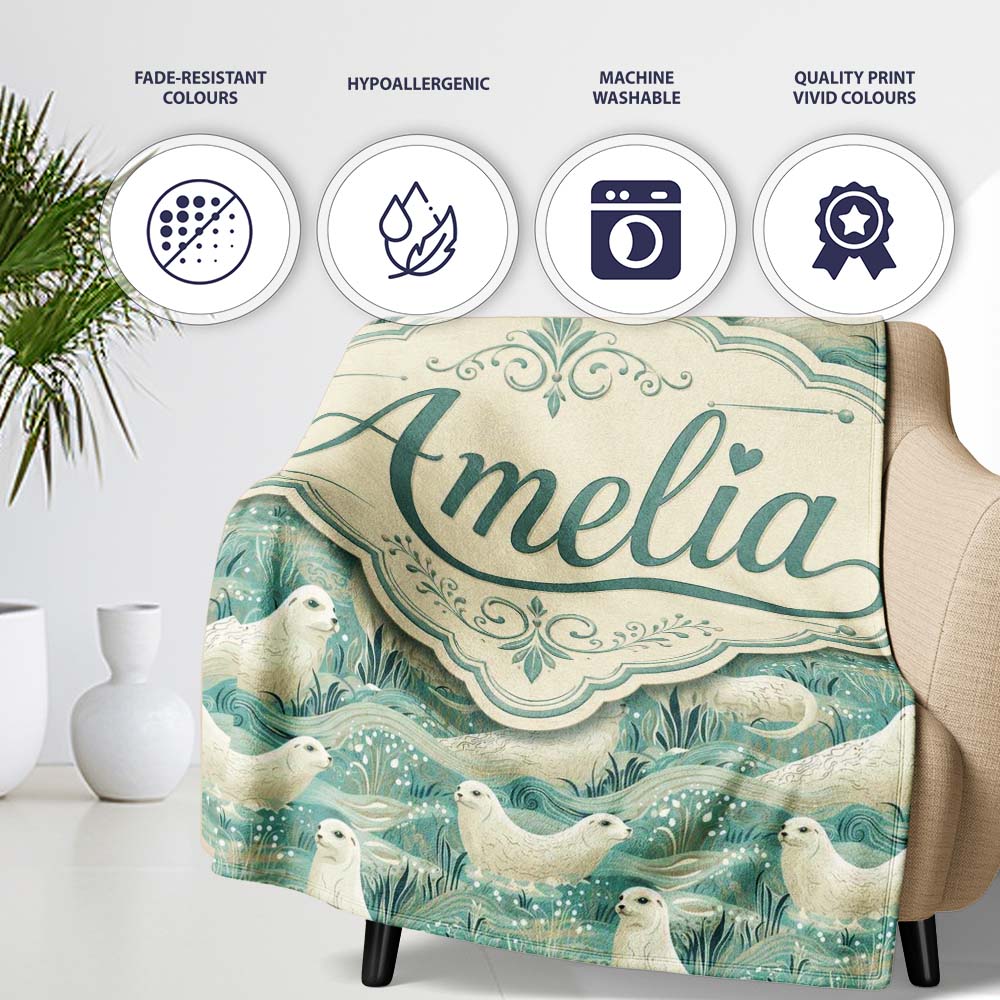 Elegant Swimming Seals in Ocean Waves Teal Decorative Seamless  Personalised Custom Name Super Soft Fleece Blanket Bed Sofa Throw