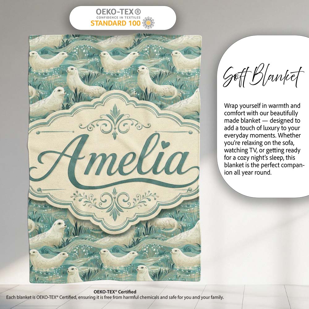 Elegant Swimming Seals in Ocean Waves Teal Decorative Seamless  Personalised Custom Name Super Soft Fleece Blanket Bed Sofa Throw