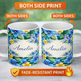 Personalized Custom Name Blue and Yellow Floral Watercolor Garden Seamless Pattern Lovely 11oz Ceramic Coffee Tea Mug White Large Handle
