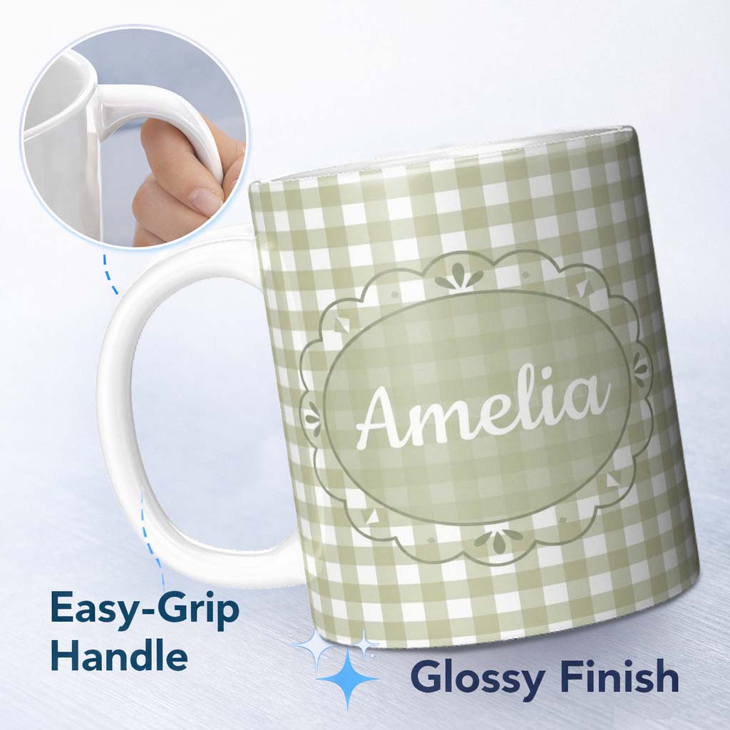 Personalized Custom Name Soft Sage Green Gingham Check Pattern with Subtle Vintage Texture 11oz Ceramic Coffee Tea Mug White Large Handle