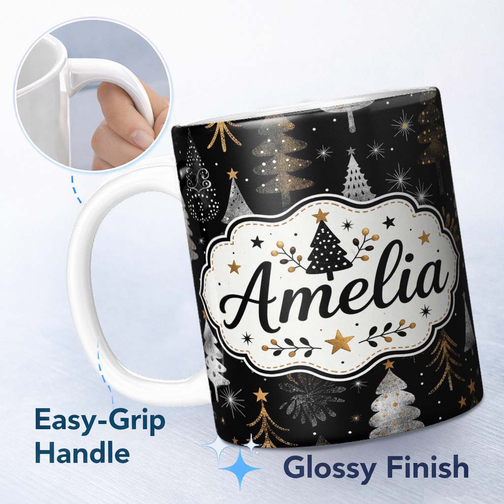 Personalized Custom Name Luxury Christmas Trees Black Gold Silver Glitter Stars Seamless 11oz Ceramic Coffee Tea Mug White Large Handle